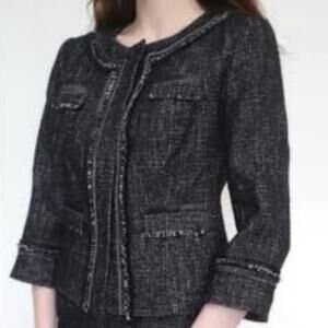 Nordstrom Halogen Black Gray Tweed Cropped Jacket with Pockets Chain Edge Medium